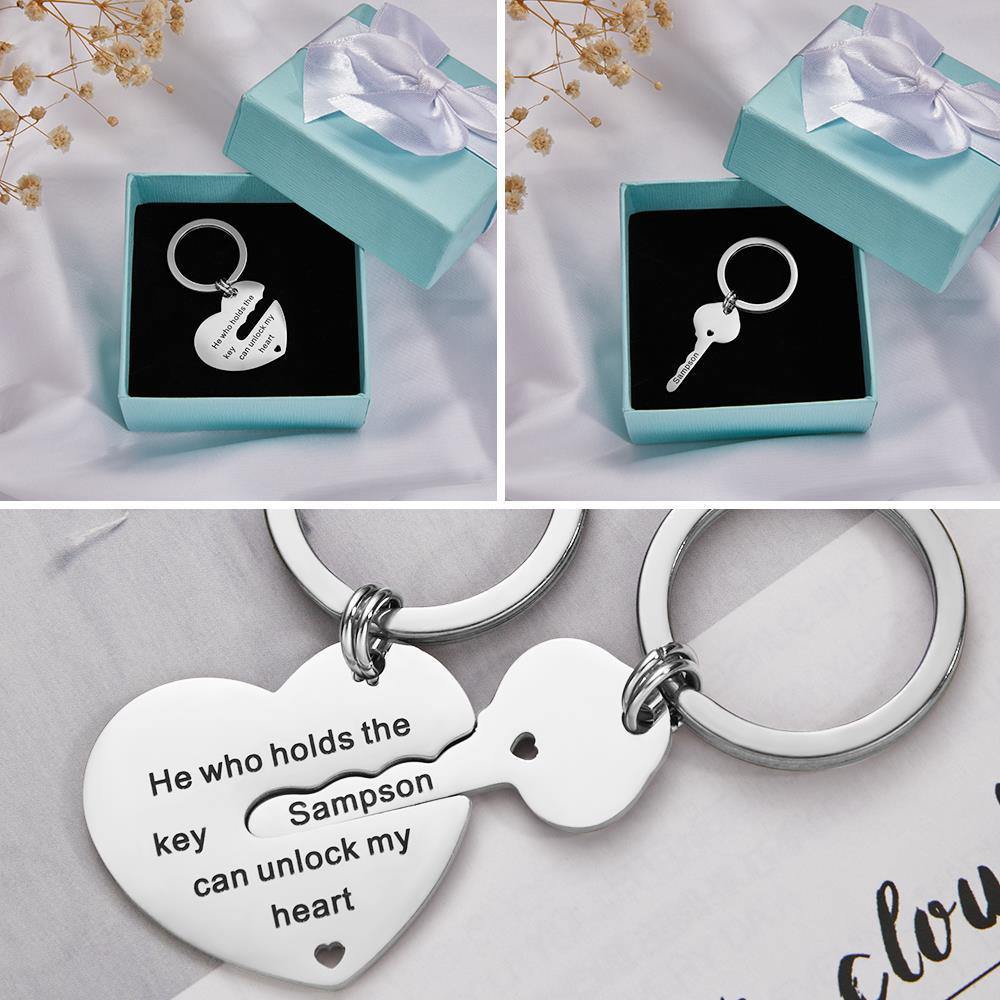 Custom Name Engraved Keychain Heart & Key - myphotokeyringau